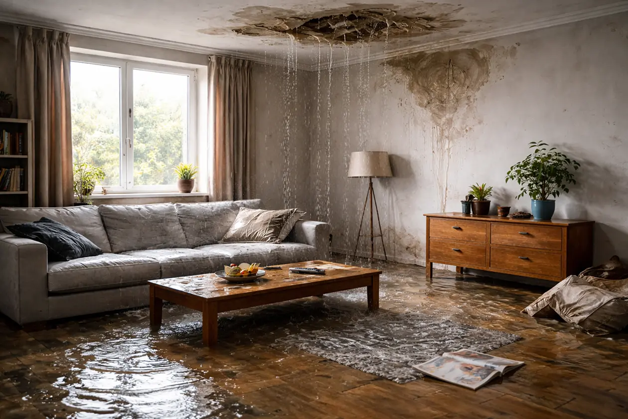 Wohnzimmer unter Wasser nach Rohrbruch – schnelle Leckortung verhindert Folgeschäden